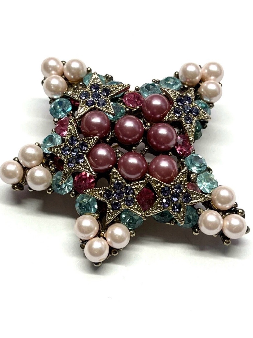 Vintage Pink Pearl Rhinestone Star Brooch Pin